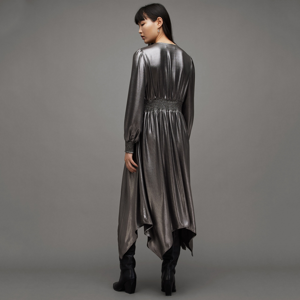 AllSaints Estelle Metallic Asymmetric Midi Dress